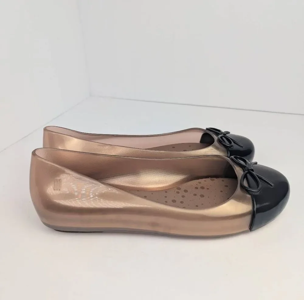 Mini Melissa Sweet Love Rose gold & black cap toe bow flats jellies girls 2